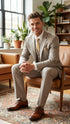 Men’s Light Tan Pinstripe 3 Piece Suit with Jacket, Vest, and Pants | Shadow Stripe Tone Tone Pleated Pants Classic