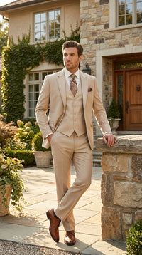 Men’s Tan Beige 3 Piece Tuxedo Suit – Beige Formal Suit Set with Vest, Patterned Lapel and Tie for Wedding, Prom in Tan Khaki Color