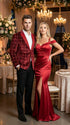 Mens Red Burgundy Plaid Blazer with Contrast Lapel – Velvet Fabric Check Prom Blazer Jacket for Party, Christmas New Year Holiday Jacket