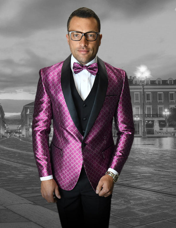 Mens Vested One Button Shawl Tuxedo in Geometric Chain Print in Fuschia