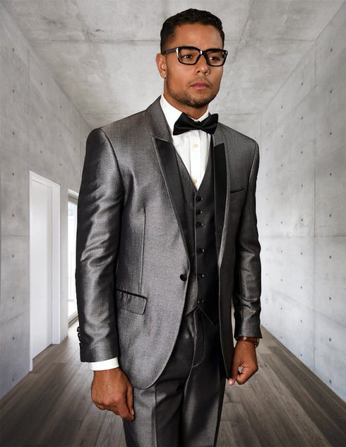 Mens 2 Button Vested Half Shawl Tuxedo in Silver Sharkskin