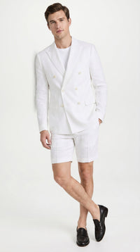 Men’s White Summer Suit with Shorts, 2 Piece Linen Style Wedding Beach Short Suit Set double breasted style