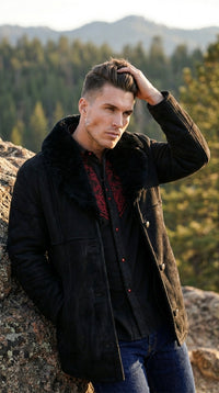 Men’s Black Sheepskin Leather Jacket Cowboy – Warm Faux Fur Collar Coat, Winter Long Jacket, Casual Western Style Outerwear