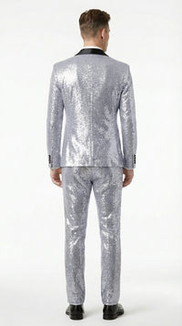 Mens Silver Grey Sequin Tuxedo Suit – Shiny Wedding Suit Set with Black Lapel for Prom, Party, Gala and Formal Evening Wear