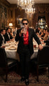 Tony Montana’s Black Blazer with Red Sateen Shirt – Men’s Black Formal Blazer and Red Satin Style Shirt Outfit for Party, Wedding and Vintage Wear