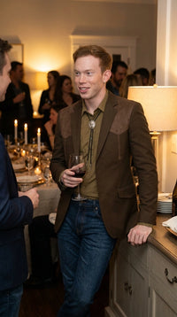 Men’s Dark Brown Western Blazer with Suede Yokes, Cowboy Sport Coat for Ranch Wedding and Country Events