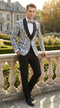 Mens Black and Silver Floral Tuxedo – Luxury Patterned Wedding, Prom and Formal Dinner Tuxedo