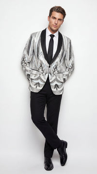 Men’s White and Black Patterned Tuxedo Blazer – Luxury Designer Dinner Jacket for Wedding, Prom and Formal Events New Year Christmas Holiday