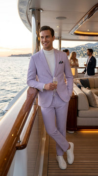 Men’s Lavender Seersucker 2 Piece Suit, Lightweight Summer Blazer and Pants Set for Weddings, Parties, Prom, and summer fabric