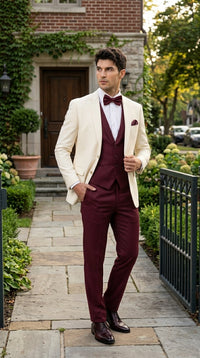 Men’s Cream Ivory and Burgundy 3 Piece Tuxedo Suit, Vested Formal Wedding Prom Dinner Suit in Cream Off White Color