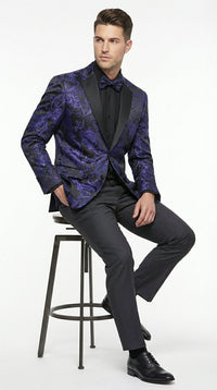 Mens Royal Blue Paisley Jacquard Blazer – Luxury Pattern Tuxedo Dinner Jacket with Black Satin Lapel for Wedding, Prom With Bowtie