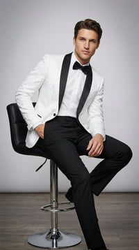 Men’s White Dinner Jacket Disco Blazer 1980s Sequin Style Jacket – Black Lapel Party Blazer, Formal Masquerade Club Wear Paisley Fabric + Bowtie