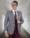 Mens 2 Button Suit with Low Cut Vest in Burgundy Plaid