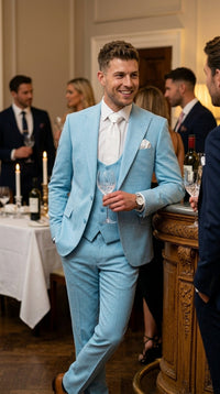 Men’s Turquoise Light blue Suit, Vested Formal Dress Suit for Weddings, Prom, Summer Parties, and Special Occasions in Aqua Blue Color By Rossiman