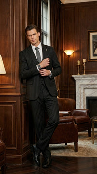 Men’s Black Pinstripe 3 Piece Suit – Vested Formal Business Suit for Wedding, Office, Prom and Party Wear