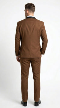 Men’s Light Brown Vested Piece Suit – Elegant Formal Suit with Contrast Lapel for Wedding, Party