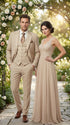 Men’s Tan Beige 3 Piece Tuxedo Suit – Beige Formal Suit Set with Vest, Patterned Lapel and Tie for Wedding, Prom in Tan Khaki Color