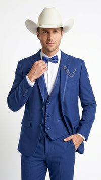 Men’s Blue Western Tuxedo Suit, 3 Piece Cowboy Formal Wedding Prom Suit with Satin Trim