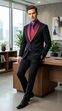 Men's Black Suit with Burgundy Shawl Lapel – Formal Tuxedo Suit for We –  OvercoatUSA