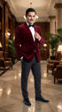Men’s Gomez Addams Inspired Costume, Burgundy Velvet Blazer with Black Pants Formal Party Outfit Combo