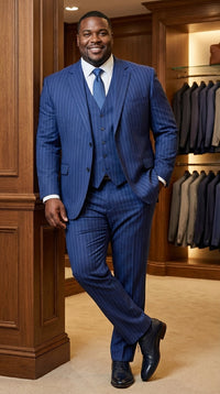 Men’s Cobalt Blue 3 Piece Suit – Indigo Light Blue Pinstripe Formal Suit with Vest for Wedding, Business Modern Fit Two buttons