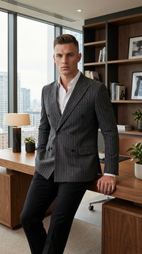 Mens Charcoal Gray Pinstripe Double Breasted Blazer Sport Coat – Classic Formal Business Jacket for Office and Smart Casual Wear