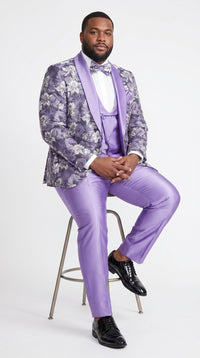 Men’s Lilac Lavender Prom Suit – Floral Shawl Lapel 3 Piece Tuxedo with Matching Vest and Pants