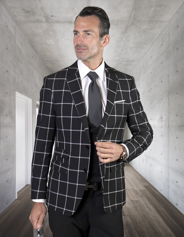 Mens 2 Button Suit with Low Cut Vest in Black Plaid