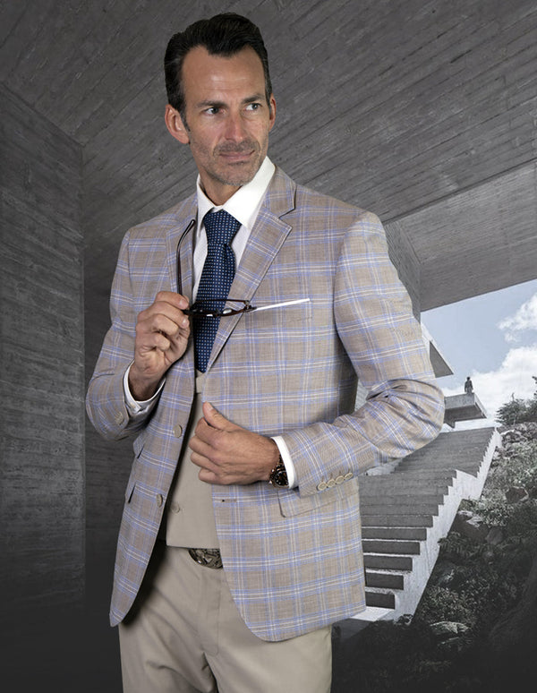 Mens 2 Button Suit with Low Cut Vest in Sand Plaid