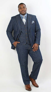 Men’s Pleated Pants Dark Blue Denim 3 Piece Suit – 100% Cotton Formal Suit Set, Blazer Vest Pants Outfit Classic Fit Athletic Fit Lose Fit