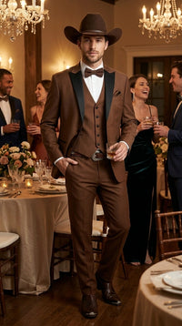 Men’s Light Brown Western Tuxedo 3 Piece Suit with Black Peak Collar Lapel, Country Look Cowboy Suit