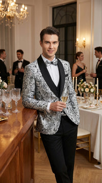 Mens Black and Silver Floral Tuxedo – Luxury Patterned Wedding, Prom and Formal Dinner Tuxedo