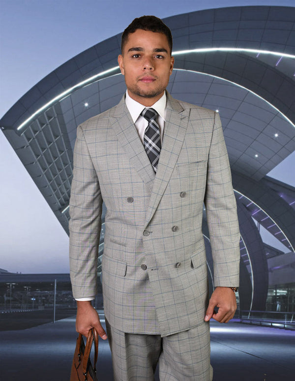 Mens Double Breasted Wool Suit in Grey Windowpane