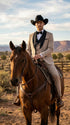 Men’s Beige Pinstripe Western 3 Piece Tuxedo Suit with Black Shawl Lapel, Formal Cowboy Wedding Prom Suit in Tan Khaki Color