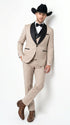 Men’s Beige Pinstripe Western 3 Piece Tuxedo Suit with Black Shawl Lapel, Formal Cowboy Wedding Prom Suit in Tan Khaki Color