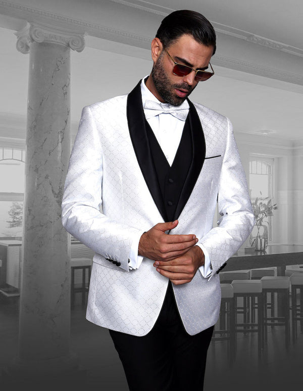 Mens Vested One Button Shawl Tuxedo in Geometric Chain Print in White