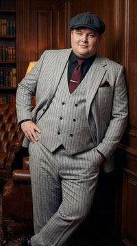 Mens Light Gray and Black Pinstripe 3 Piece Suit – Peaky Blinders Inspired Vintage Gangster 1920s Suit