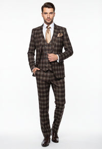 Men’s Brown Plaid Windowpane Three-Piece Suit Set – Classic Slim Fit Jacket, Double-Breasted Vest and Modern Fit Pants  By Rossiman