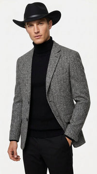 Men’s Grey Herringbone Winter Cowboy Blazer – Western Sport Coat Jacket