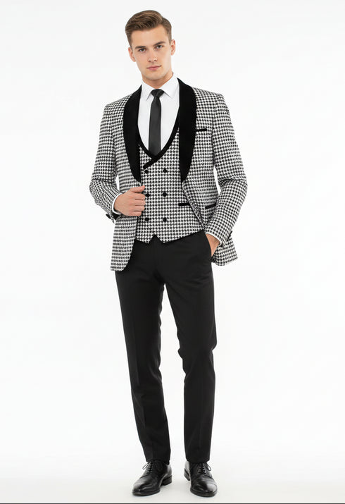 Men’s Black and White Houndstooth Tuxedo Set with Velvet Shawl Lapel | 3-Piece Formal Suit with Double-Breasted Vest