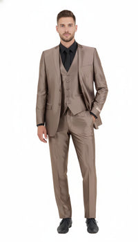 Men’s Sateen Shiny Metallic Mocca Taupe Gold Bronze 3-Piece Suit Set – Shiny Finish slim Fit Formal and Party Suit