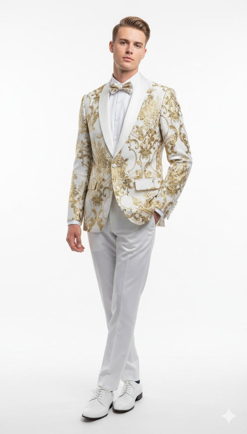 Mens White and Gold Floral Tuxedo Jacket with Satin Lapel – Luxury Prom, Wedding, and Formal Dinner Blazer