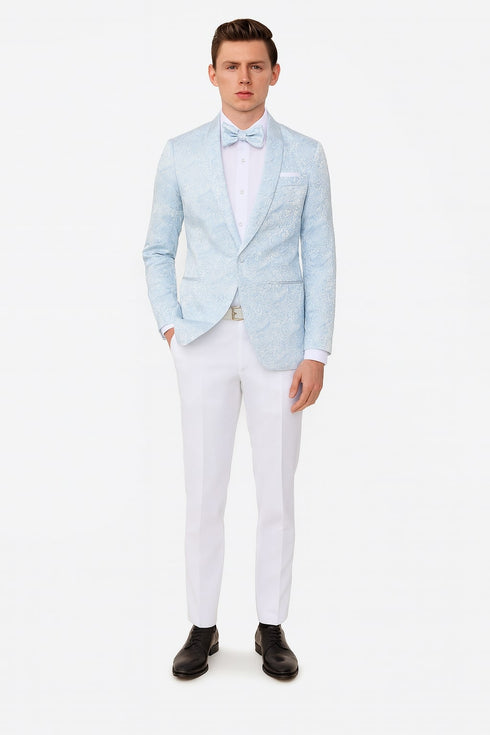 Mens Light Blue Paisley Tuxedo Jacket with Matching Bow Tie – Slim Fit Blazer for Weddings, Prom, and Formal Events