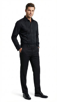 Men’s Black Pleated Tuxedo Dress Shirt | Formal Laydown Collar Button-Up Shirt for Weddings & Black Tie By Tiglio