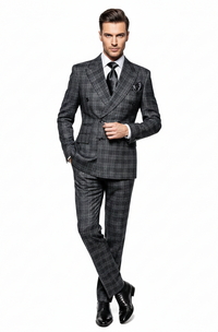 Men’s Charcoal Plaid Double-Breasted Suit –  Tailored Pants Windowpane Pattern By Rossiman