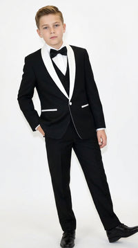 Boys Black Tuxedo Suit with White Shawl Lapel and Bow Tie | Formal Wedding & Prom Outfit Set