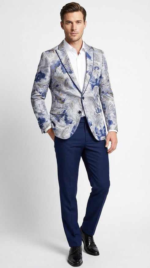 Men’s Navy Blue and Gray Paisley Print Blazer – Prom Jacket for Formal, Party, and Evening Wear