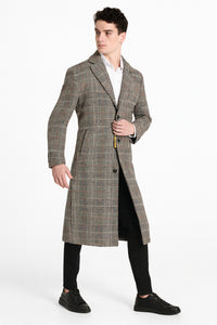 Men’s Full length  Long Plaid Overcoat – Classic Checkered Wool Blend Winter Coat in Gray Color Checkered