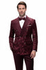 Men’s Burgundy Floral Jacquard Tuxedo Dinner Jacket – Paisley Velvet Lapel Formal Wear for Weddings and Prom
