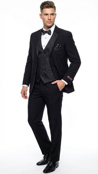 Men's Black Vested Tuxedo Suit with Patterned Lapel – Classic Formal Suit for Wedding, Party and Evening Events
